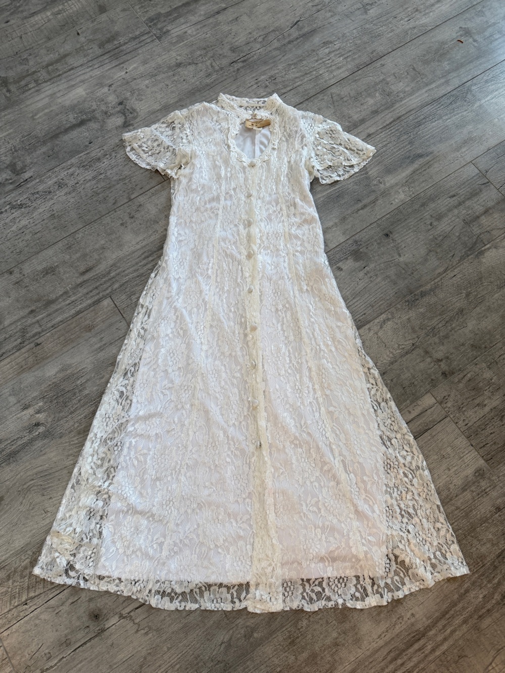 VINTAGE New Frontier Wedding Western Lace Button Front  Dress w/Lining in Ivory